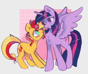 blush chest_tuft duo female feral horn simple_background size_difference tuft wings twinklegleam equestria_girls friendship_is_magic hasbro my_little_pony mythology sunset_shimmer_(eg) twilight_sparkle_(mlp) equid equine mammal mythological_creature mythological_equine unicorn winged_unicorn hi_res