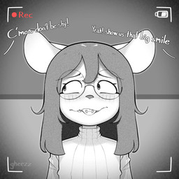 anthro blush blush_lines braces buckteeth camera clenched_teeth clothing dialogue eyewear female glasses nervous nervous_smile recording sweater teeth text topwear vignette young young_anthro young_female gheezz brie_(gheezz) mammal mouse murid murine rodent 1:1 absurd_res english_text halftone hi_res monochrome signature