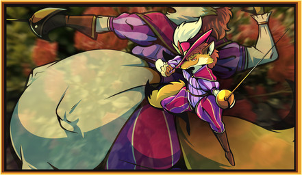 anthro belly big_belly border clothed clothing feather_hat fencing fully_clothed impressionist_background male pantaloons pattern_clothing solo striped_clothing stripes vore vore_implied yellow_border hoodah foxglove canid canine fox mammal true_fox colored hi_res