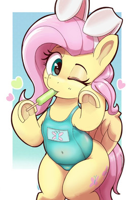 anthro clothing fake_ears fake_rabbit_ears female food green_eyes hair long_hair looking_at_viewer one-piece_swimsuit one_eye_closed pink_hair popsicle popsicle_in_mouth simple_background solo standing swimwear wink winking_at_viewer yellow_body yellow_skin pabbley friendship_is_magic hasbro my_little_pony fluttershy_(mlp) equid equine horse mammal pony