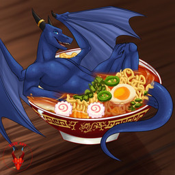 anthro boiled_egg egg fish_cake food horn liquid looking_at_viewer male noodles open_mouth open_smile partially_submerged plant ramen reclining scallion smile solo soup tail vegetable wings reddragon mythology dragon mythological_creature mythological_scalie scalie 1:1 2025 hi_res