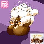 anthro barazoku belly between_thighs big_belly big_butt bodily_fluids brown_body brown_fur brown_hair butt carrying_another duo fluffy fluffy_tail fur hair huge_belly huge_butt hyper hyper_belly hyper_butt male male/male nipples obese obese_anthro obese_male on_shoulders oral overweight overweight_anthro overweight_male simple_background sweat tail text thick_thighs white_body white_fur yellow_nipples fujiyama_samoyed bakers_royale cinna_(megacoolbear) fujiyama_kenhaku bear canid canine canis domestic_dog mammal nordic_sled_dog samoyed spitz 1:1 cel_shading digital_media_(artwork) english_text shaded