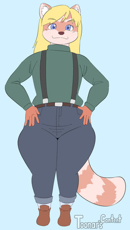 anthro blonde_hair blue_eyes bottomwear clothed clothed_anthro clothed_female clothing female footwear freckled_face freckles hair pants shoes suspenders thick_thighs toonarscontent eva_(toonarscontent) absurd_res hi_res