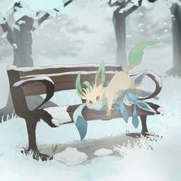 ambiguous_gender bench blue_body brown_eyes duo eyes_closed feral fur grass lying_on_another paws plant sleeping snow tail tan_body tan_fur tree winter fishburi nintendo pokemon eeveelution generation_4_pokemon glaceon leafeon pokemon_(species) 1:1 2026 absurd_res hi_res