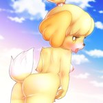 1:1 animal_crossing anthro areola bedroom_eyes blush breasts bunnag butt canid canine canis cloud digital_media_(artwork) domestic_dog female fur hi_res isabelle_(animal_crossing) looking_back low-angle_view mammal narrowed_eyes nintendo nipples nude outside seductive shaded shih_tzu side_boob sky sky_background solo tongue tongue_out toy_dog white_body white_fur yellow_body yellow_eyes yellow_fur