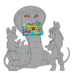 anthro board_game clothed clothing female feral group hair male pink_sclera tail trio yellow_eyes kitsune_youkai mouse_trap_(game) senet mammal mouse murid murine reptile rodent scalie snake 1:1