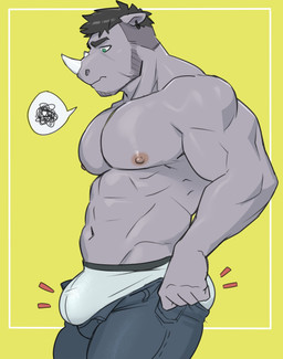 abs anthro beard biceps bottomwear briefs bulge clothed clothing ear_piercing emanata facial_hair facial_horn frustrated frustration_cloud green_eyes horn male manly muscular muscular_arms navel nipples nose_horn pants partially_clothed pecs piercing simple_background solo topless triceps underwear yellow_background kiwi_hugh tight_pants_(meme) mammal rhinoceros 2023 absurd_res hi_res meme