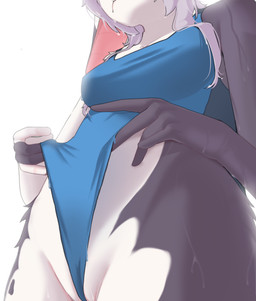 anthro blue_clothing blue_swimwear body_focus camel_toe clothing clothing_pull female genitals hair long_ears low-angle_view one-piece_swimsuit pussy_floss solo swimwear swimwear_pull vulva wet wet_body white_hair kurocchi131 hi_res