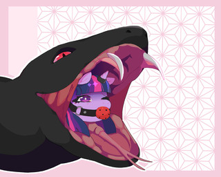 ambiguous_gender ambiguous_pred ball_gag bdsm body_in_mouth bondage bound duo feet_first female female/ambiguous female_prey feral forced gag horn larger_ambiguous larger_pred open_mouth oral_vore partially_inside pattern_background simple_background size_difference smaller_female swallowing tongue tongue_out vore kusuc friendship_is_magic hasbro my_little_pony mythology twilight_sparkle_(mlp) equid equine horse mammal mythological_creature mythological_equine pony reptile scalie snake unicorn 5:4