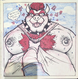 angry anthro areola assisted_exposure barazoku belly big_nipples bodily_fluids body_hair chest_hair clothing collar cross-popping_vein duo first_person_view front_view hair male male_focus moobs musk nipple_piercing nipple_ring nipples overweight overweight_male piercing red_hair ring_piercing shirt solo_focus spiked_collar spikes sweat sweat_stain sweaty_moobs tank_top text topwear mayku mario_bros nintendo bowser koopa scalie 2026 english_text hi_res traditional_media_(artwork)