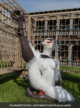 anthro beak breasts chain claws collar dominant dominant_female feathers female genitals penis red_eyes scales small_breasts tail toy vulva yoga falconfeather firsa_cloud accipitriform avian bird secretary_bird 3d_(artwork) absurd_res digital_media_(artwork) hi_res