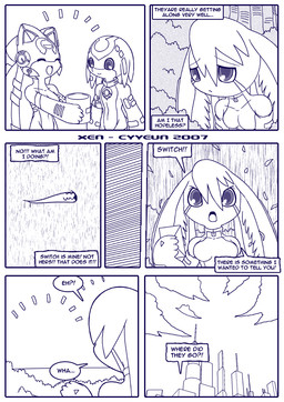 :< :d ^_^ angry anthro blush bodily_fluids border breasts clenched_teeth closed_smile cloud collar detailed_background dialogue eyes_closed facial_markings female female_anthro forehead_markings group hair head_markings huge_ears jealous kemono leaf looking_at_another machine male male_anthro markings mouth_closed open_mouth open_smile outside plant sad shrub smile solo speech_bubble standing sweat tears teeth text tree trio white_border cyyeun xen_(series) fio_(xen) izzy_(xen) switch_(xen) lagomorph leporid mammal rabbit robot robot_anthro 2007 blue_and_white blue_monochrome comic dated english_text monochrome