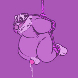 ankles_tied anthro arms_tied ball_gag balls belly big_belly blush bodily_fluids bound dripping eyebrows eyewear gag gagged genital_fluids genitals glasses humanoid_genitalia humanoid_penis looking_at_viewer male mature_male moobs overweight overweight_male penis precum precum_drip rope simple_background small_penis solo suspension thick_eyebrows joesanchez hanna-barbera once_upon_a_forest cornelius_(ouaf) badger mammal mustelid musteline 1:1 2026 absurd_res hi_res monochrome purple_theme