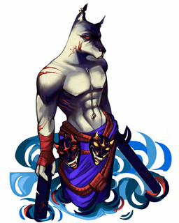 anthro katana male melee_weapon red_eyes samurai scratches solo sword warrior weapon white_body sssnake_mg canid canine mammal 4:5 hi_res