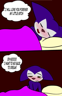 bed blush dream furniture male pillow profanity simple_background sleeping solo text thought_bubble under_covers waking_up conditional_dnp theyiff bandai_namco digimon demon digimon_(species) imp impmon comic english_text hi_res