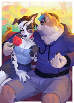 5_fingers anthro anthro_on_anthro black_hair black_nose black_spots blind blue_highlights bottomwear breasts brown_hair claws clothed clothed_anthro clothed_female clothed_male clothing disability duo female finger_claws fingers flower fur hair highlights_(coloring) hoodie humanoid_hands male male/female markings plant romantic romantic_ambiance romantic_couple rose_(flower) shorts skirt smile spots spotted_body spotted_fur tan_body tan_fur teeth topwear white_body white_fur nooshka hai_(nooshka) lizzie_(friesiansteed) akita akita_inu canid canine canis dalmatian domestic_dog mammal spitz hi_res story story_in_description