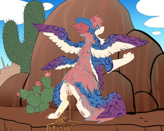 4_wings anus bodily_fluids cactus claws detailed_background feathered_wings feathers female feral fur genital_fluids genitals hair horn looking_at_viewer markings multi_wing multicolored_hair nude outside peeing plant rear_view sky smile solo spots spotted_body spotted_fur standing urine urine_stream vulva watersports wings raveneevee mythology rose_(fire2ninja) dragon felid hybrid leopard mammal mythological_creature mythological_scalie pantherine scalie absurd_res digital_media_(artwork) hi_res