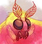 ambiguous_gender antennae_(anatomy) big_eyes black_eyes claws close-up feral fluffy fur pink_body pink_fur simple_background solo yellow_body yellow_fur shade-shypervert arthropod insect lepidopteran mammal moth rosy_maple_moth digital_media_(artwork) signature