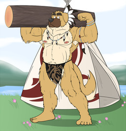 anthro armpit_hair body_hair bottomwear clothing flexing log loincloth male muscular muscular_anthro muscular_male native_american pose slightly_chubby solo tail teepee tribal wood houndgrey dogger canid canine canis domestic_dog mammal