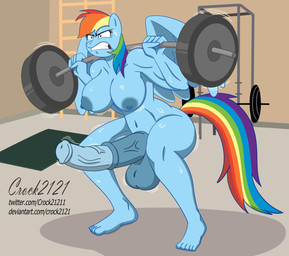 animal_genitalia animal_penis anthro anthrofied balls barbell blue_body blue_skin breasts clenched_teeth deadlift equine_genitalia equine_penis erection exercise genitals gynomorph happy intersex nipples nude nude_workout one_eye_closed penis solo teeth text throbbing throbbing_penis vein veiny_penis weightlifting workout crock2121 friendship_is_magic hasbro my_little_pony rainbow_dash_(mlp) equid equine horse mammal pony 2023 absurd_res digital_media_(artwork) hi_res url
