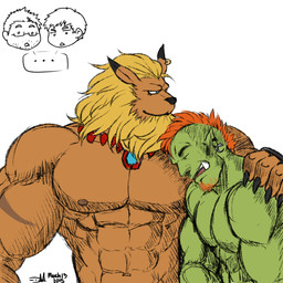 abs anthro beard blonde_hair claws cuddling duo ear_piercing ellipsis facial_hair goatee green_body hair hug male mane muscular orange_hair pecs piercing smile tusks itsdhani bandai_namco digimon digimon_(species) felid human humanoid leomon mammal orc 1:1 2015 hi_res