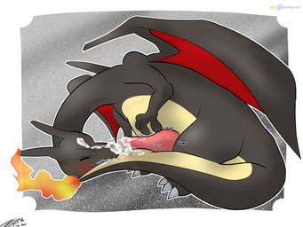abstract_background bodily_fluids cum eyes_closed fire genital_fluids nibbling nibbling_tail solo tail tail_humping wings balthysstuff nintendo pokemon charizard generation_1_pokemon pokemon_(species) shiny_pokemon 4:3 absurd_res hi_res