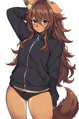 anthro black_clothing black_nose black_panties black_underwear bow_panties bow_underwear breasts brown_body brown_eyes brown_fur brown_hair clothing ear_piercing eyebrow_through_hair eyebrows eyelashes facial_markings facial_piercing facial_tattoo female female_anthro floppy_ears frilly frilly_clothing frilly_panties frilly_underwear fur furgonomic_piercing furgonomics grey_background hair hand_behind_back hand_behind_head head_markings inner_ear_fluff jacket long_hair looking_at_viewer markings muzzle_piercing nose_piercing panties piercing raised_arm simple_background solo standing tattoo topwear translucent translucent_hair tuft underwear puppyypawss apogee_(tinygaypirate) canid canine canis domestic_dog mammal spitz hi_res portrait three-quarter_portrait