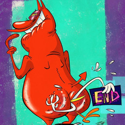 anthro between_buttocks big_butt bite biting_lip biting_own_lip bubble_butt butt duo hand_on_butt horn huge_butt male nude rear_view red_body self_bite size_difference smile spade_tail tail teeth zachheff_(artist) cartoon_network cow_and_chicken chicken_(cow_and_chicken) the_red_guy avian bird chicken demon demon_humanoid galliform humanoid phasianid 1:1