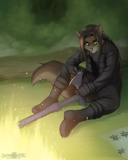 5_fingers anthro axe biped brown_hair clothed clothing detailed_background fingers green_eyes hair holding_object holding_weapon male melee_weapon sitting solo weapon abluedeer canid canine mammal 2013 4:5 digital_media_(artwork) hi_res