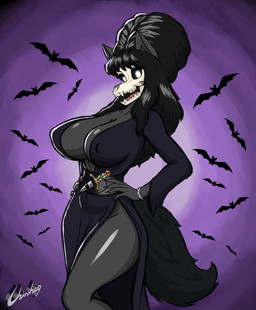 anthro black_body black_fur black_hair bracelet breasts dagger ears_up eyelashes female fur hair jewelry looking_at_viewer melee_weapon open_mouth smile smiling_at_viewer solo tail teeth teeth_showing tongue weapon chisheq elvira:_mistress_of_the_dark scp_foundation elvira_(mistress_of_the_dark) scp-1471-a bat mammal hi_res