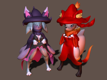 anthro areola armwear black_clothing black_dress black_legwear black_nose blue_body blue_eyes blue_fur breasts brown_nose cleavage clothed clothing digitigrade dipstick_ears dress duo ear_markings eyelashes female front_view fur grey_background hat headgear headwear inner_ear_fluff legwear markings multicolored_ears neck_tuft orange_body orange_fur palmorph pink_areola pink_eyes purple_armwear purple_clothing purple_hat purple_headwear purple_scarf red_clothing red_dress red_hat red_headwear scarf simple_background small_breasts thick_thighs tuft white_body white_fur wide_hips witch_hat zhenash palworld pocketpair katress pal_(species) wixen 3d_(artwork) 4:3 absurd_res digital_media_(artwork) hi_res