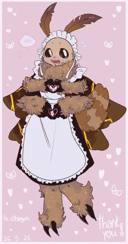 4_arms antennae_(anatomy) anthro apron arthropod_abdomen black_body black_claws black_clothing black_dress black_sclera black_skin blush brown_body brown_fur claws clothing dress fur gesture heart_gesture heart_symbol insect_wings kintsugi_(art) lepidopteran_wings looking_at_viewer maid_headdress multi_arm multi_limb neck_tuft open_mouth pink_background simple_background striped_body striped_fur stripes tuft white_eyes wings lunnanathalia floof_(binaryfloof) arthropod insect lepidopteran moth absurd_res hi_res