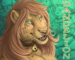 abstract_background anthro bell bell_collar collar fur green_background green_eyes hair looking_aside looking_at_viewer male open_mouth open_smile simple_background smile solo spots tan_body tan_fur whiskers rukis dandelion_(character) felid lion mammal pantherine character_badge_(artwork) character_name detailed headshot_portrait portrait