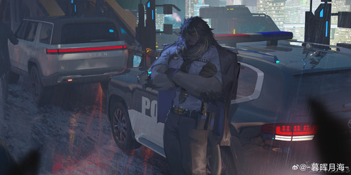 ambiguous_gender anthro black_mane black_nose blue_clothing blue_topwear bottomwear car clothed clothing crossed_arms fur grey_body grey_bottomwear grey_clothing grey_fur grey_pants group hair male male_anthro mane mouth_closed narrowed_eyes pants police police_car police_officer police_uniform police_vehicle raining short_hair solo_focus topwear uniform vehicle yellow_eyes awaldkize ambiguous_species felid lion mammal pantherine 2024 absurd_res dated detailed hi_res