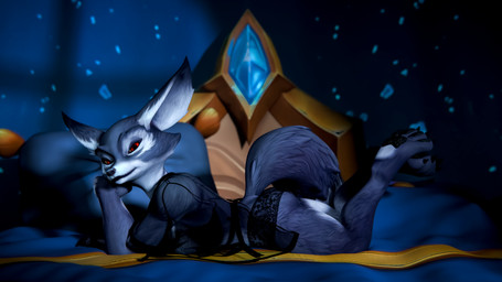 anthro bed bedroom big_ears clothing female fur furniture grey_body grey_fur lace_panties looking_at_viewer lying night on_front pawpads paws pose red_eyes solo tail translucent translucent_clothing jabascript69 blizzard_entertainment warcraft canid mammal vulpera absurd_res hi_res