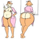 anthro anthrofied bathrobe belly big_belly big_butt body_hair breasts butt cigarette clothed clothing curvy_figure female fur genitals hair hairy_pussy half-closed_eyes happy_trail horn lipstick looking_at_viewer makeup mature_anthro mature_female multiple_angles narrowed_eyes nipples nude overweight overweight_anthro overweight_female pubes pussy robe simple_background solo standing teeth thick_thighs voluptuous wide_hips oystercatcher7 blue_sky_studios ferdinand_(film) the_story_of_ferdinand lupe_(ferdinand) bovid caprine goat mammal 1:1 digital_media_(artwork) hi_res