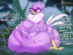 abdominal_bulge belly big_belly dialogue digestion female feral hand_imprint hand_on_belly holding_belly imprint lying motion_lines on_front predator/prey solo talking_to_pred text unseen_prey vore willing_prey plateous birdie_(sonic_adventure) avian bird 4:3 english_text hi_res