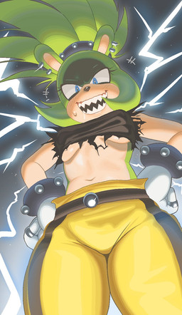 blue_eyes bodily_fluids bottomwear breasts clothing electricity female fur gloves green_body green_fur hands_on_hips handwear low-angle_view medium_breasts navel pants pointy_ears prick_ears smile solo sweat sweatdrop topwear torn_clothing torn_topwear under_boob white_clothing white_gloves white_handwear yellow_bottomwear yellow_clothing yellow_pants chzzei idw_publishing sega sonic_the_hedgehog_(comics) sonic_the_hedgehog_(idw) sonic_the_hedgehog_(series) surge_the_tenrec afrosoricid mammal tenrec hi_res