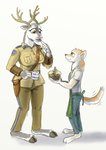 anthro antlers apron baked_goods clothing duo female futhark horn larger_female male runes sheriff size_difference smaller_male capt_hairball disney zootopia beatrix_nikostytar rimpssie_specsson canid canine canis deer mammal new_world_deer reindeer wolf hi_res