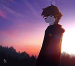 anthro black_nose clothing countershade_face countershading fur grey_body grey_fur hoodie lens_flare looking_back male rear_view sky solo standing sunset topwear 00niine nate_(00niine) canid canine canis domestic_dog mammal 2022 digital_media_(artwork) signature