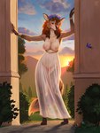 4_toes 5_fingers anthro black_nose bracelet breasts brown_body brown_fur clothed clothed_anthro clothed_female clothing dress feet female fingers fur genitals hair hindpaw humanoid_hands ineffective_clothing jewelry navel nipples paws pussy red_hair solo toes translucent translucent_clothing hacatiko alrysia_(alrysia419) canid canine deer hybrid mammal hi_res