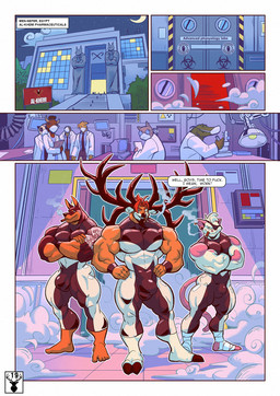 5_fingers 5_toes anthro antlers barefoot big_bulge black_body black_fur black_nose bodysuit brown_body brown_fur bulge clothed clothed_anthro clothed_male clothing dialogue ear_piercing ear_tag eye_patch eyewear feet fingers foot_wraps fur group hooves horn humanoid_feet humanoid_hands laboratory male multicolored_body multicolored_fur muscular muscular_anthro muscular_male page_number piercing plantigrade skinsuit tattoo teeth text tight_clothing toes trio_focus two_tone_body two_tone_fur white_body white_fur wraps nexus maurice_(nexus) pj_(nexus) vince_(nexus) canid canine canis cervine deer dobermann domestic_dog mammal murid murine pinscher rat red_deer rodent comic hi_res