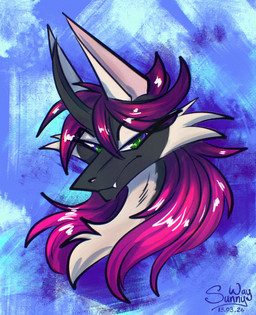 anthro big_ears equis_universe fangs female fur green_eyes hair horn kirinaes messy_hair smile solo teeth fuffy sunny_way sunny_way_(character) ki'rinaes hi_res portrait sketch
