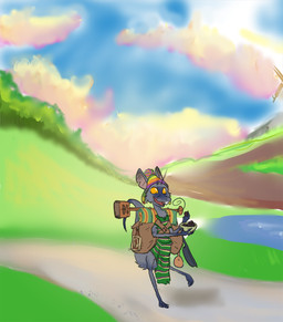 backpack clothing digitigrade eating fur male simple_background solo yellow_eyes cartoonmeat out-of-placers eggbread mammal yinglet colorful_theme hi_res