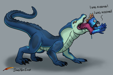 anthro anthro_pred anthro_prey avian_feet beak blue_body bodily_fluids dipstick_feathers drooling duo feathered_tail feathers female female_pred head_feathers larger_pred male male_prey multicolored_eyes oral_vore orange_body rainbow_eyes saliva size_difference speckled_body tail vore arrox_(artist) doesnotexist ka'lam'holn'qui'ke sa'sha avian bird parrot werecreature werecrocodile 3:2 hi_res