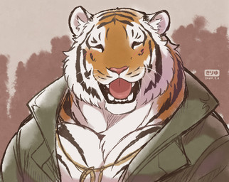 anthro black_body black_fur black_stripes blush chest_tuft clothing countershading eyes_closed front_view fur inner_ear_fluff jacket male male_anthro multicolored_body multicolored_fur muscular muscular_anthro muscular_male open_mouth open_smile orange_body orange_fur pecs pink_nose pink_tongue smile solo striped_body striped_fur stripes teeth tongue topwear tuft whiskers white_body white_fur giraffe_(artist) lam-chan felid mammal pantherine tiger 2020 bust_portrait digital_media_(artwork) portrait signature