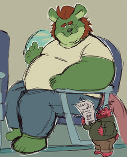 anthro belly big_belly bottomwear clothing duo green_body male micro overweight overweight_male pants red_body shirt sitting size_difference standing topwear rolobear bear mammal mouse murid murine rodent 2026 hi_res