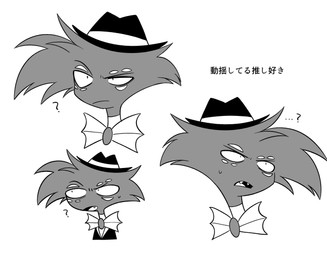 clothed clothing expressions hair hat headgear headwear male multi_eye simple_background solo text white_background enaic31 hazbin_hotel hellaverse arackniss_(hazbin_hotel) arachnid arthropod demon humanoid spider hi_res japanese_text monochrome translation_request