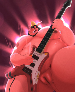 bar belly big_belly big_butt breasts butt clitoris electric_guitar female genitals guitar hair hidden_face huge_belly jam_out_with_your_clam_out leather low-angle_view mask music musical_instrument nipples obese obese_female overweight overweight_female plucked_string_instrument plump_labia public public_nudity sally_crimson singing solo string_instrument thick_thighs vulva wide_hips mamayong domestic_pig mammal suid suine sus_(pig) wild_boar hi_res
