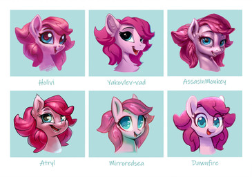 blue_eyes eyelashes female hair looking_at_viewer open_mouth pink_hair smile snout solo style_emulation tongue holivi hasbro my_little_pony fan_character holivi_(oc) equid equine horse mammal pony 2019 artist_collaboration hi_res portrait source_request unavailable_at_source